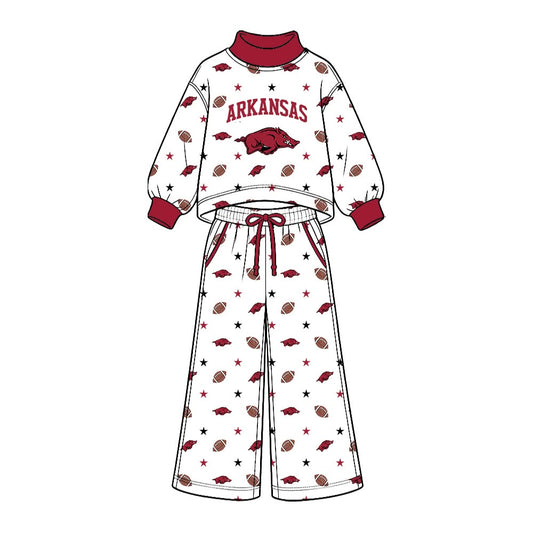 Preorder( 5  MOQ) BabyBoys Sport Team Arkansas Long Sleeve Mock Neck Top Wide Leg Pants Outfit