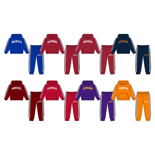 (Custom Design Preorder MOQ 5 Each) Teams Logo Print Hoodie Top Joggers Pants Kids Pockets Clothes Set Sibling Wear
