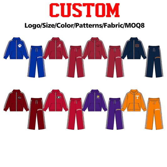 (Custom Design Preorder MOQ 5 Each)Teams Print Long Sleeve Zipper Jackets Top Pockets Pants Kids Clothes Set Sibling Wear