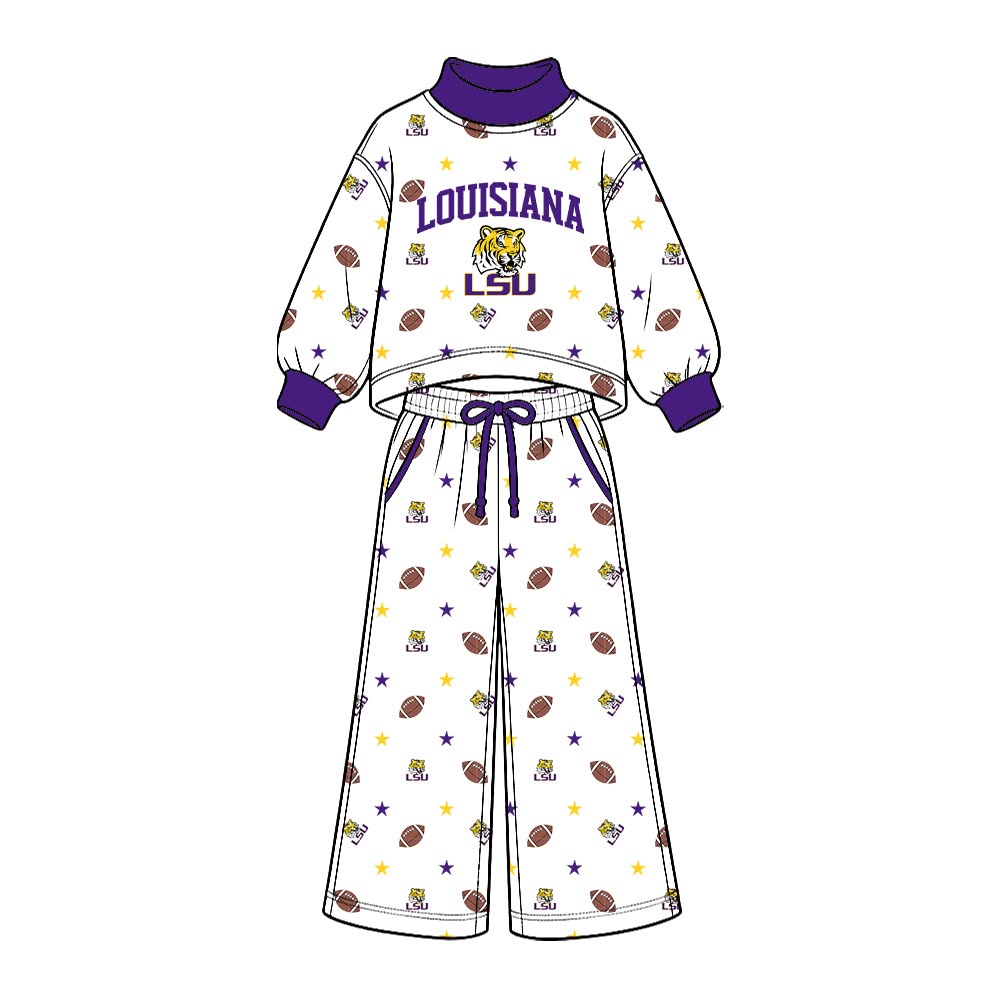 Preorder( 5  MOQ) BabyBoys Sport Team LSU Long Sleeve Mock Neck Top Wide Leg Pants Outfit