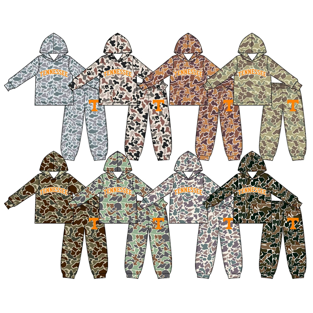(Custom Design Preorder MOQ 5 Each) Teams Tennessee Camo Print Hoodie Top Joggers Pants Kids Pockets Clothes Set Sibling Wear