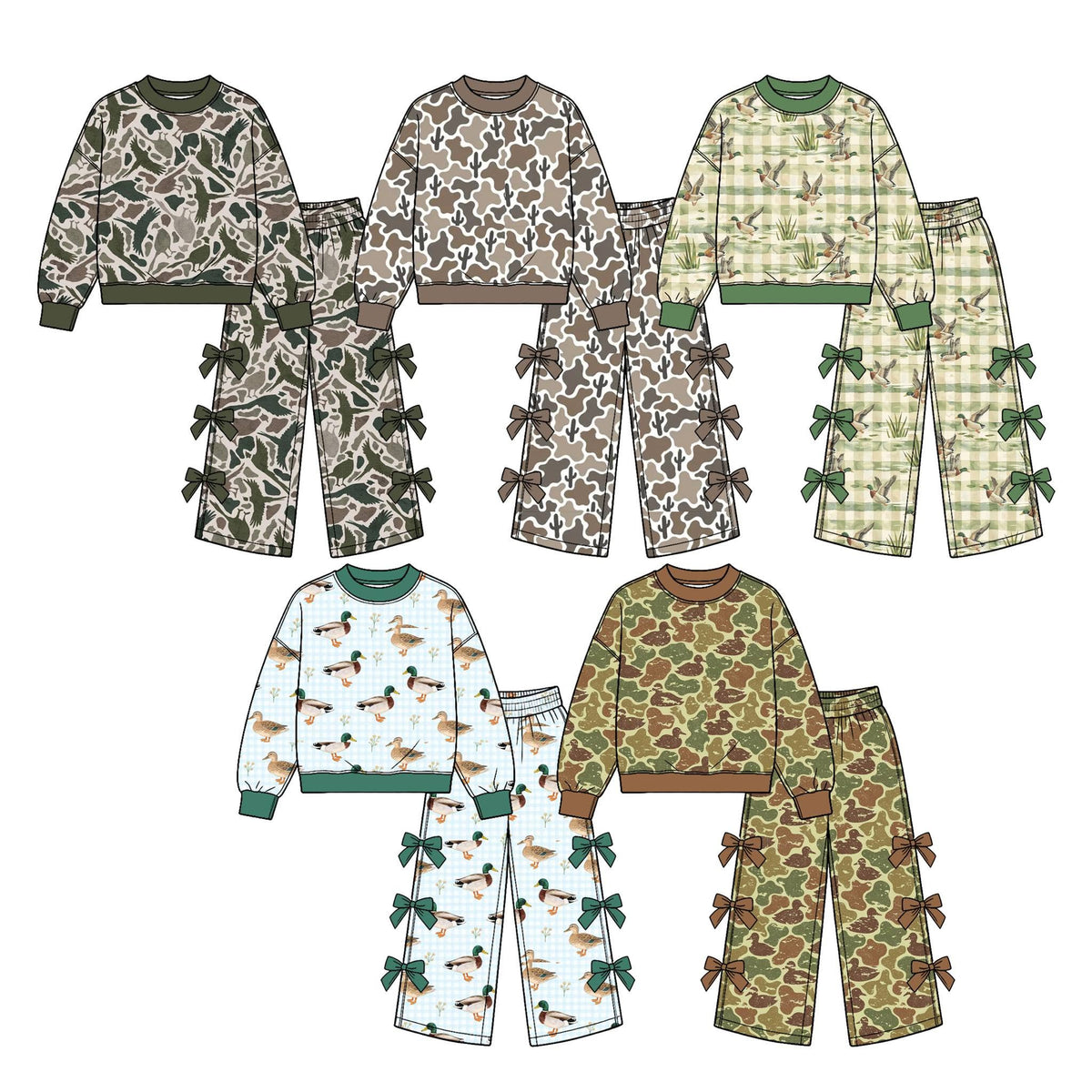 (Custom Design Preorder MOQ 5 Each) Checkered Camo Duck Print Long Sleeve Top Wide Leg Pants with Side Bows Girls Southern Clothes Set Sisters Wear