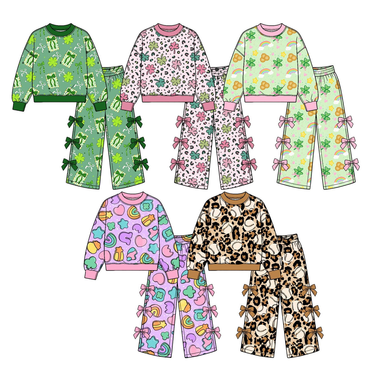 (Custom Design Preorder MOQ 5 Each) Rainbow Bows Print Long Sleeve Top Wide Leg Pants with Side Bows Girls St Patrick Day Clothes Set Sisters Wear
