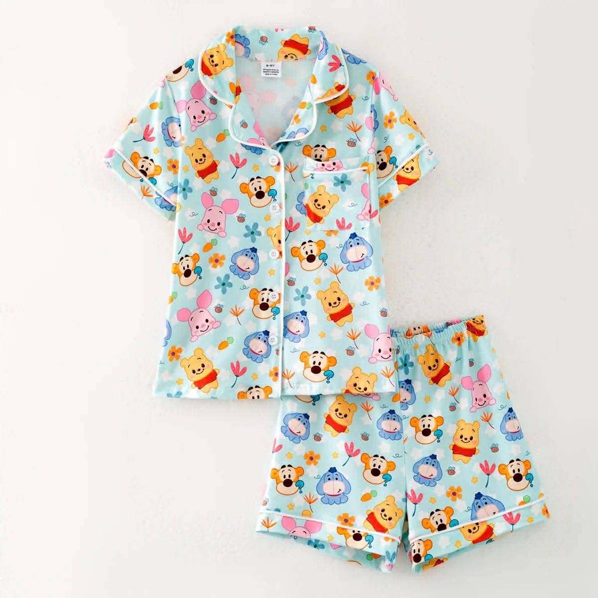 (Custom Design Preorder MOQ 5) Cartoon Bear Winni* Print Girls Summer Button Pajamas Outfits
