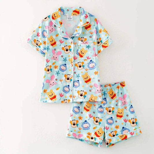 (Custom Design Preorder MOQ 5) Cartoon Bear Winni* Print Girls Summer Button Pajamas Outfits
