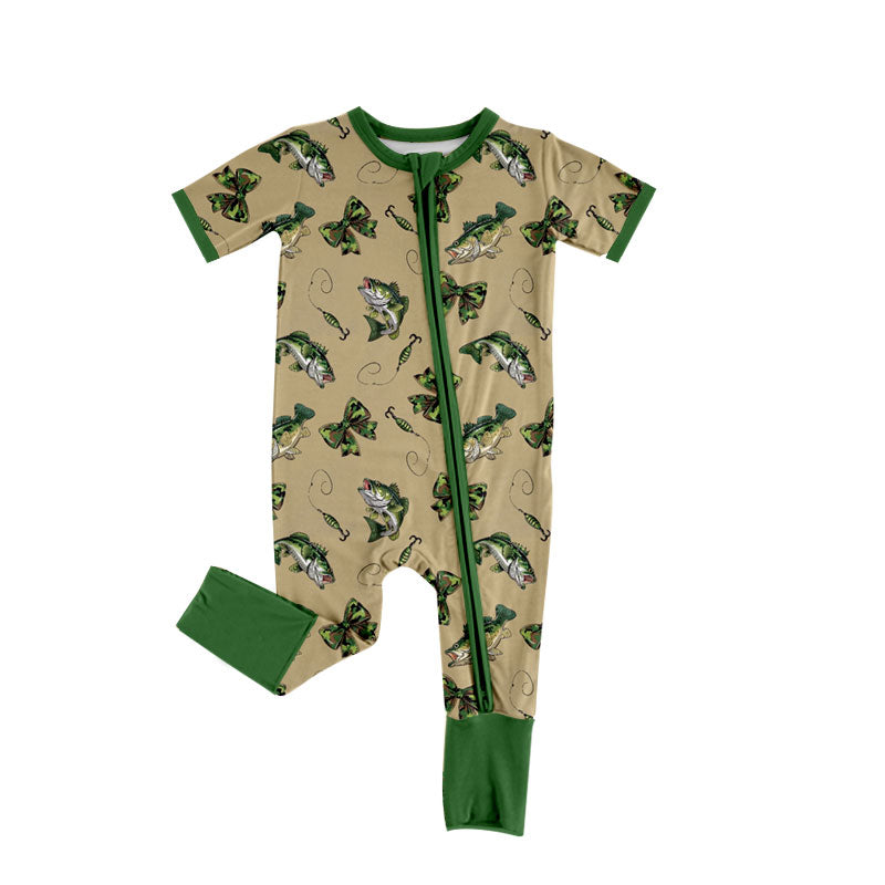 (Custom Design Preorder MOQ 5 ) Fish Deer Camo Print Baby Fall Zipper Sleeper Romper Sibling Wear