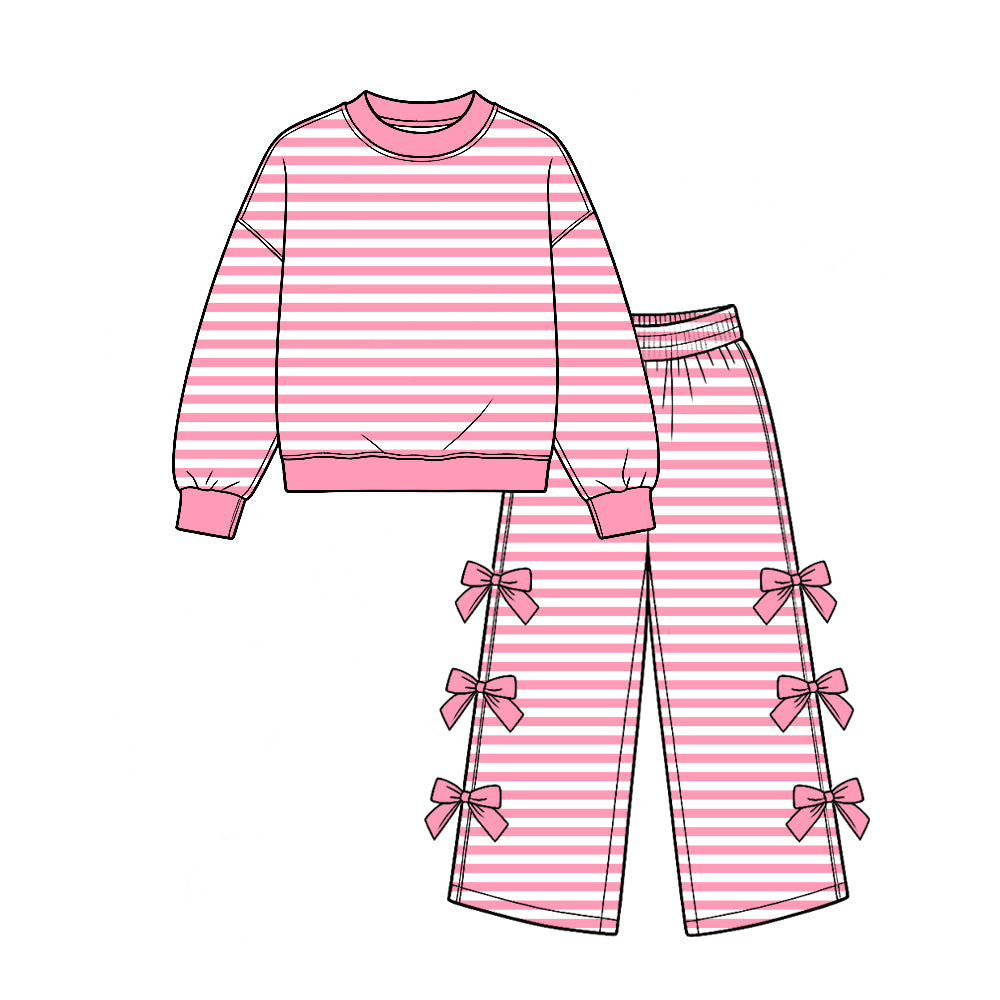 (Custom Design Preorder MOQ 5 Each) Stripes Print Long Sleeve Top Wide Leg Pants with Side Bows Girls Clothes Set Sisters Wear