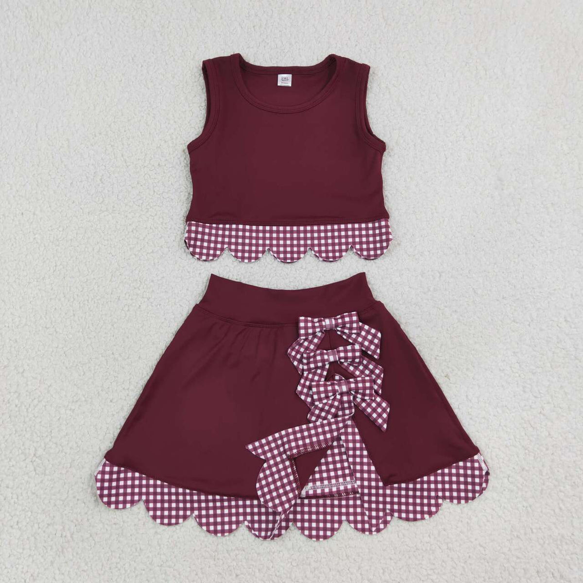 GSD4266 Burgundy Checkered Bows Girls Summer Scallop Yoga Clothes Set