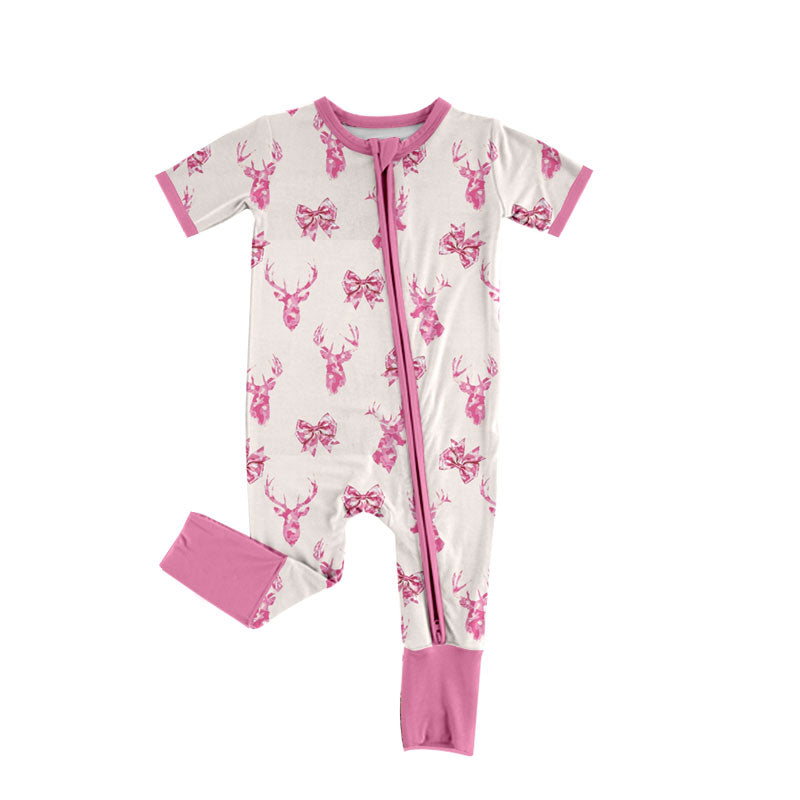 (Custom Design Preorder MOQ 5 ) Fish Deer Camo Print Baby Fall Zipper Sleeper Romper Sibling Wear