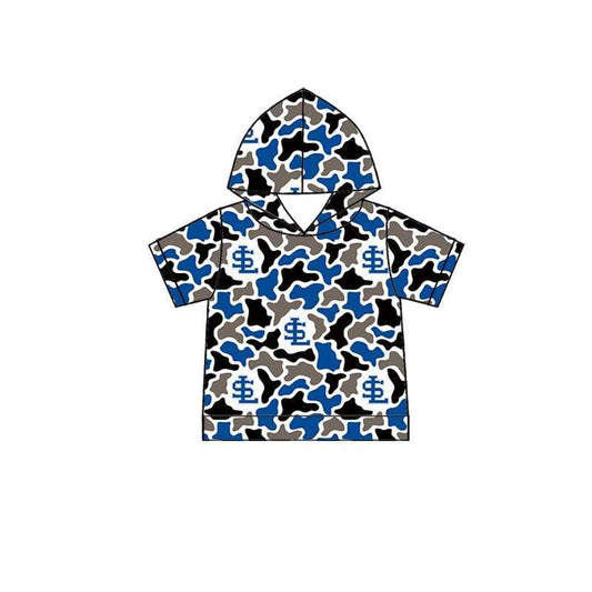 (Custom Design Preorder MOQ 5) Baby Boys Blue Black Camo SL Team Short Sleeve Hoodies Top