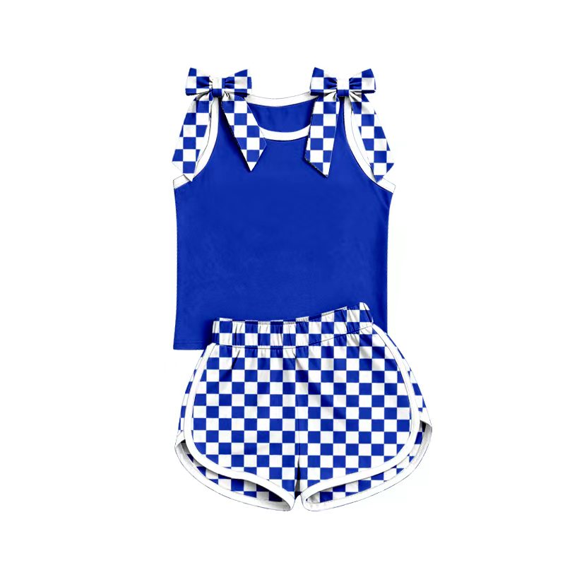 (Custom Design Preorder MOQ 5) Girls  Bow Strap  Royal blue Tank  & Shorts Sport Team Outfit