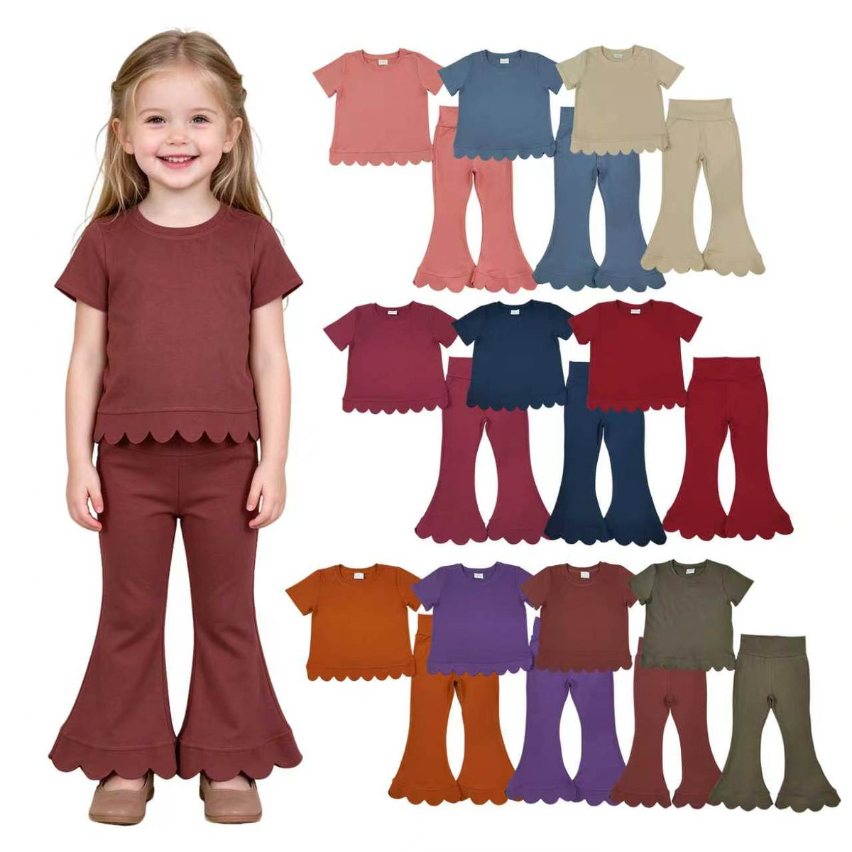 10 Colors Cotton Scallop Edge Short Sleeve Bell Pants Girls Fall Clothes Set Sisters Wear