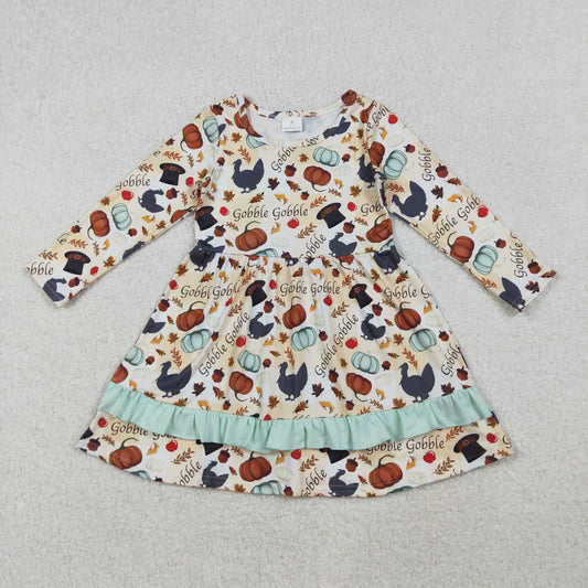 Baby GirlsThanksgiving Gobble Pumpkin Turkey Long Sleeve Dress