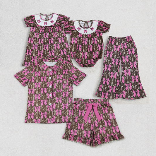 Sibling Family Adult Women Pajamas Sets Baby Girls Smocked Bows Olive Camo Dress Ruffle Romper Flare Pant