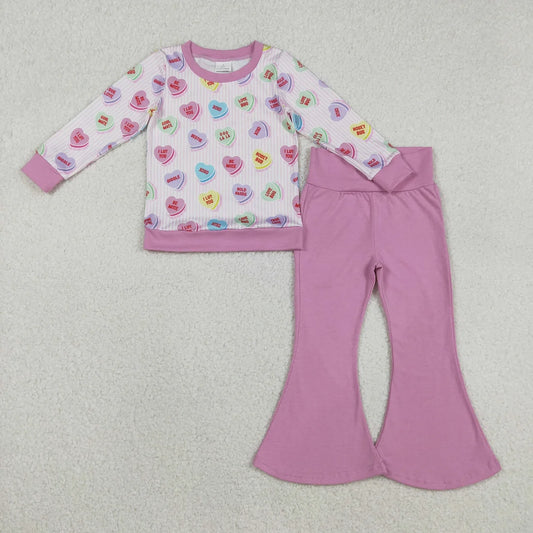 KIds Girls Valentine Heart Candy Long Sleeve Top & Pink Flare Pants Outfit