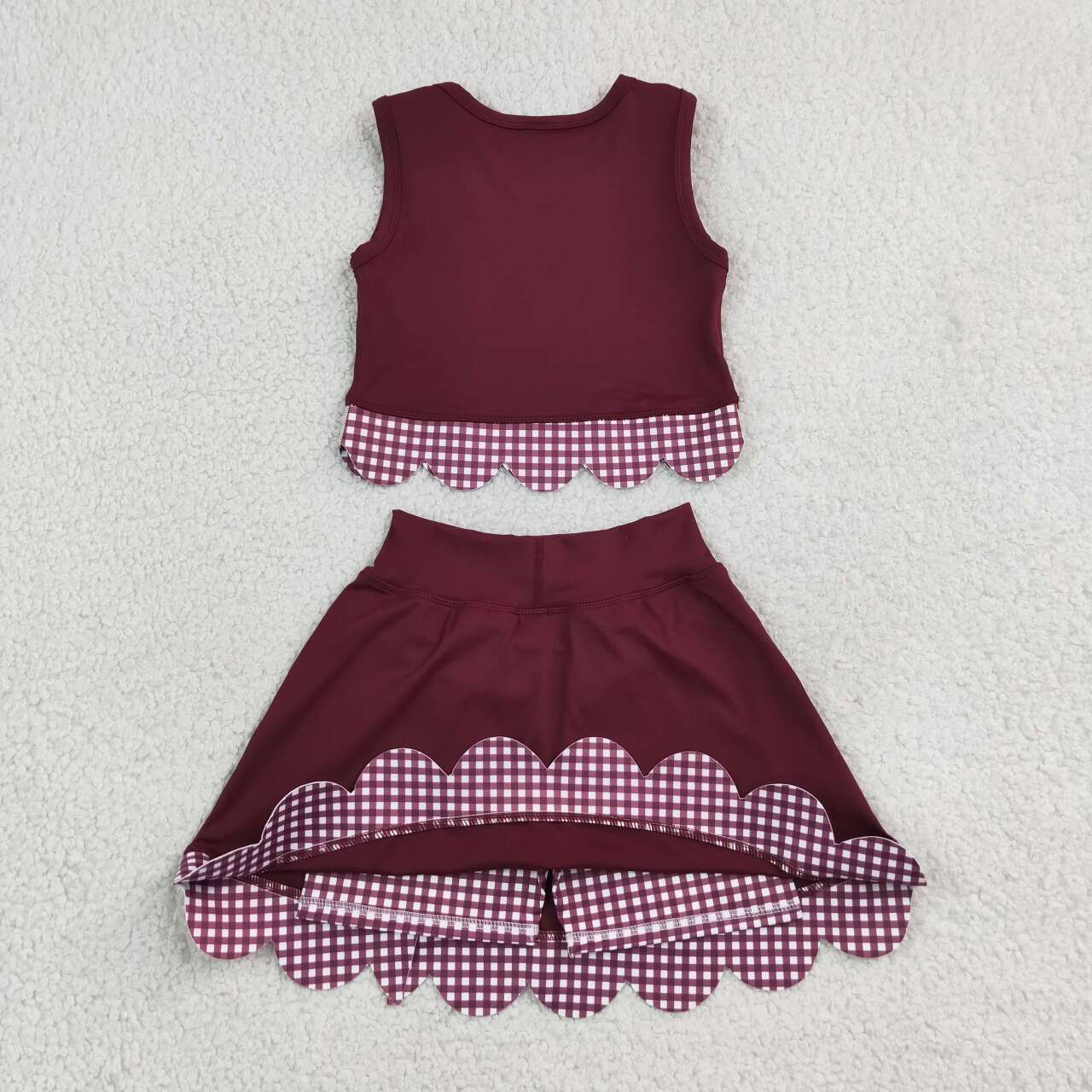 GSD4266 Burgundy Checkered Bows Girls Summer Scallop Yoga Clothes Set