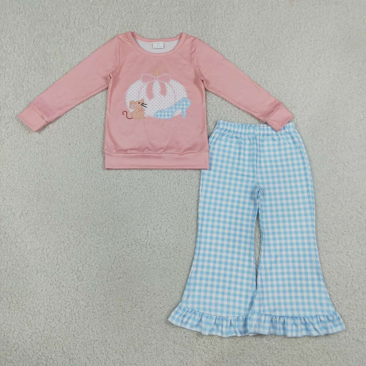 GLP3598 Pumpkin Mouse Pink Top Gingham Bell Pants Girls Fall Clothes Set