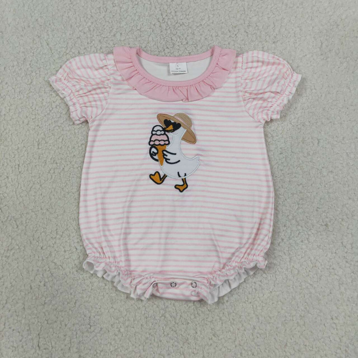Embroidery Ice Cream Gooses Baby Girls Pink Stripe Ruffle Rompers
