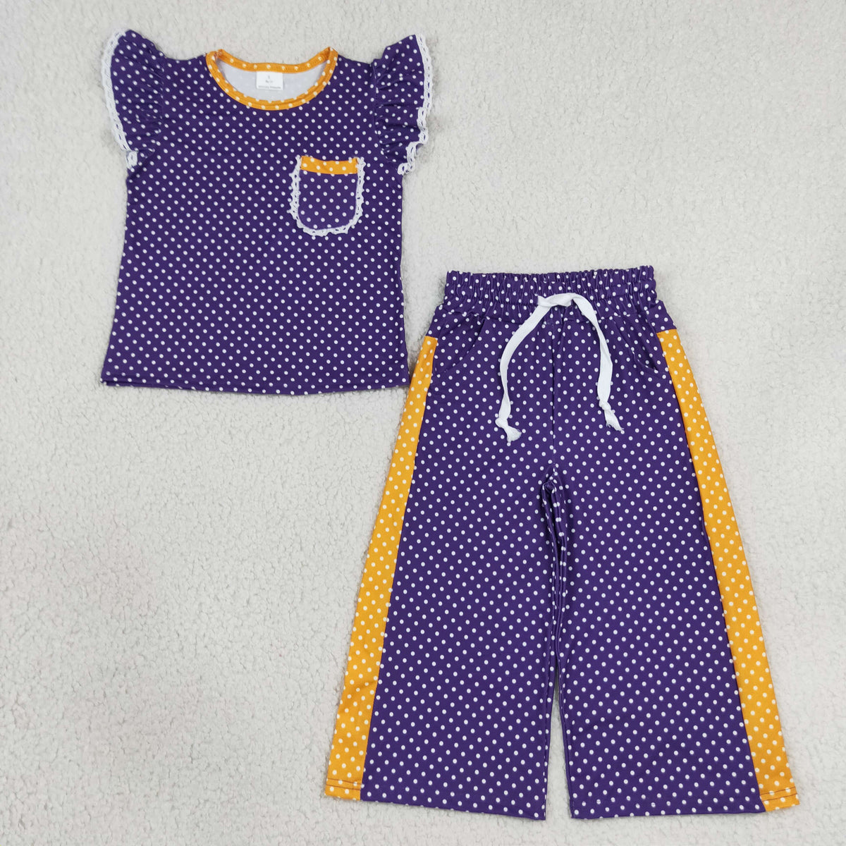 Kids Girls Purple Polka Dot Ruffle Sleeve Top with Wide Leg Pants Outfit