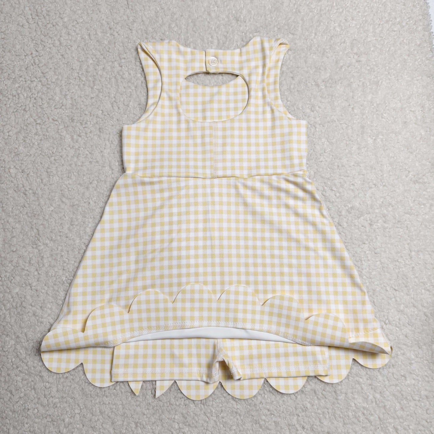 GSD3027 Yellow Gingham Girls Summer Bows Scallop Knee Length Yoga Dress