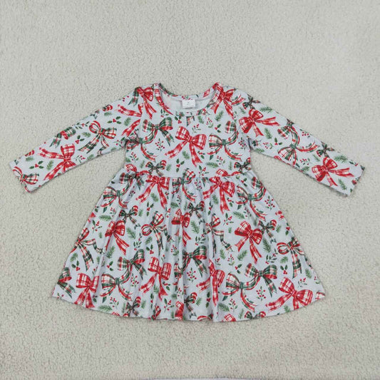 GLD1709 Bows Holly Print Baby Girls Christmas Long Sleeve Dress
