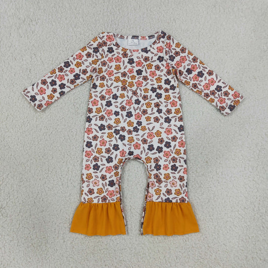 LR3024 Small Flowers Baby Girls Fall Long Sleeve Romper With Ruffle