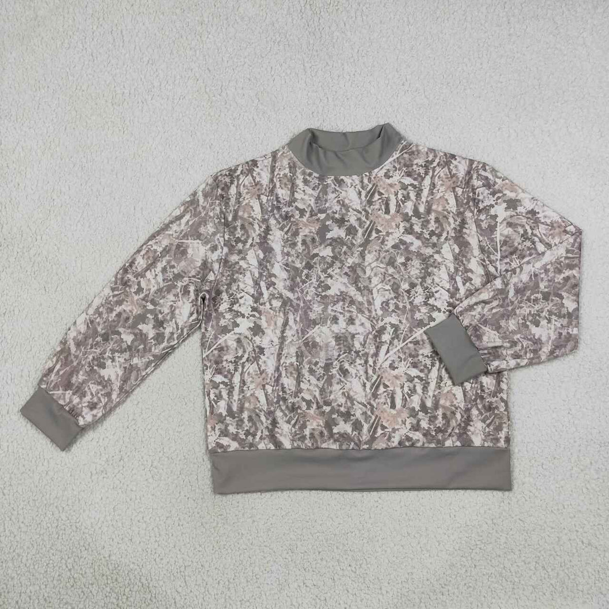 GT1883 Adult Grey Leaf Camo Active Sweatshirt Olive Trim Woman Mock Neck Long Sleeve Yoga Tee Shirts Top