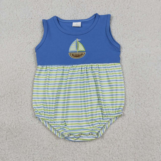 Sailboat Embroidery Stripes Print Baby Boys Sleeveless Bubble Romper