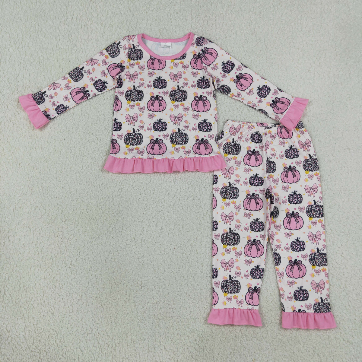 GLP3350 Pumpkin Bows Leopard Pink Girls Fall Pajamas Clothes Set