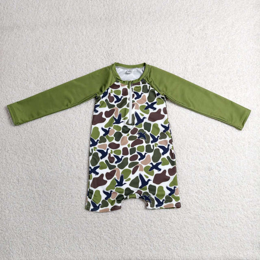 S0748 Duck Green Camo Print Boys Long Sleeve 1 Piece Zipper Swimsuits