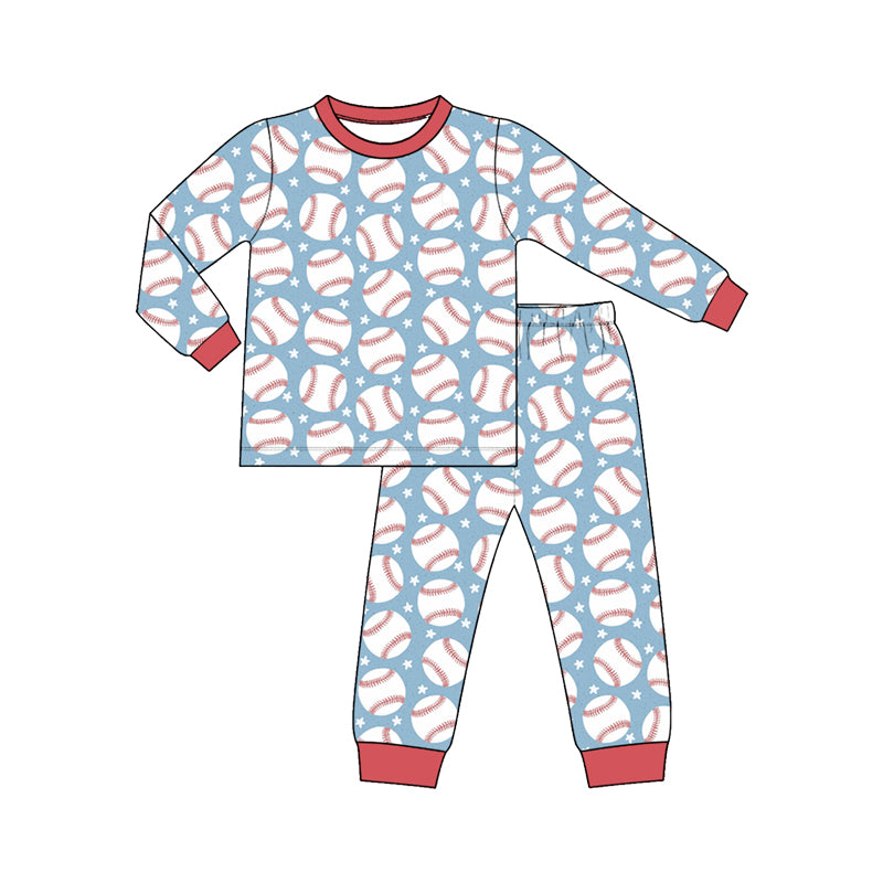 (Custom Design Preorder MOQ 5 Each)Baseball Print Boys Fall Pajamas Clothes Set Brothers Wear