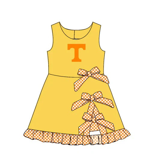 Preorder (moq 5) Girls Tennessee Volunteers Orange Checker Multi Bow Ruffle Hem Sleeveless Game Day Dress