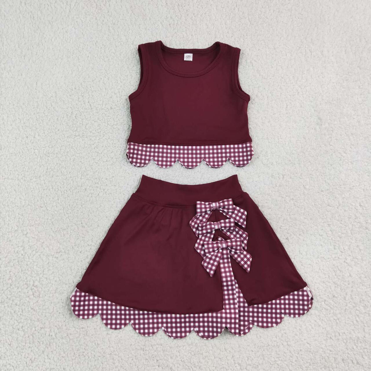 GSD4266 Burgundy Checkered Bows Girls Summer Scallop Yoga Clothes Set