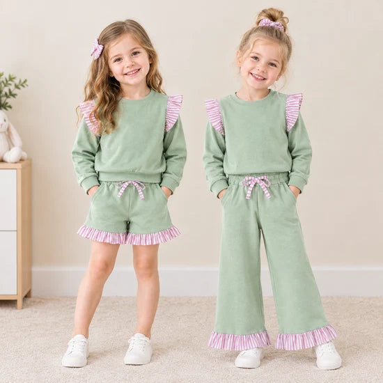Sibling Kids Girls Light Green Long Sleeve Top with Pants and Shorts Outfit
