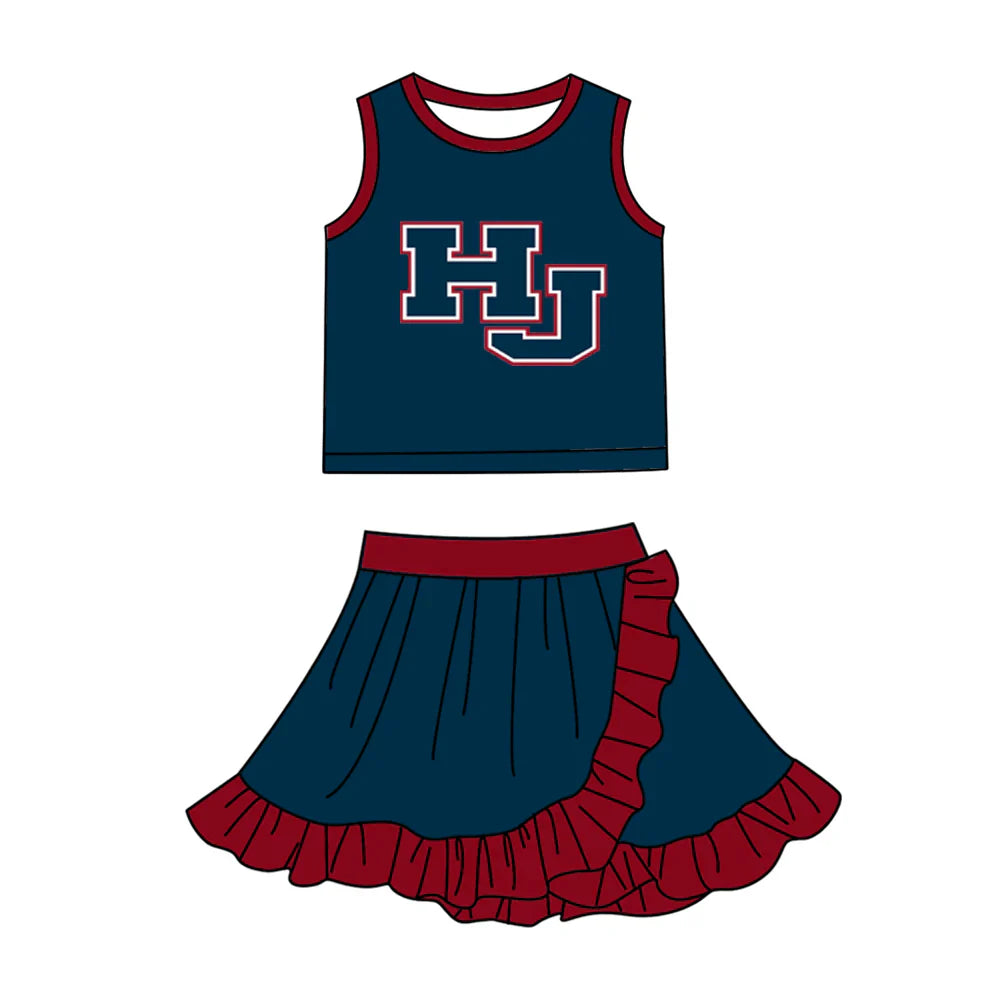 (Custom  Preorder MOQ 5) Baby Girls Navy HJ Vest Top Ruffle Skirt Short Team Clothes Sets