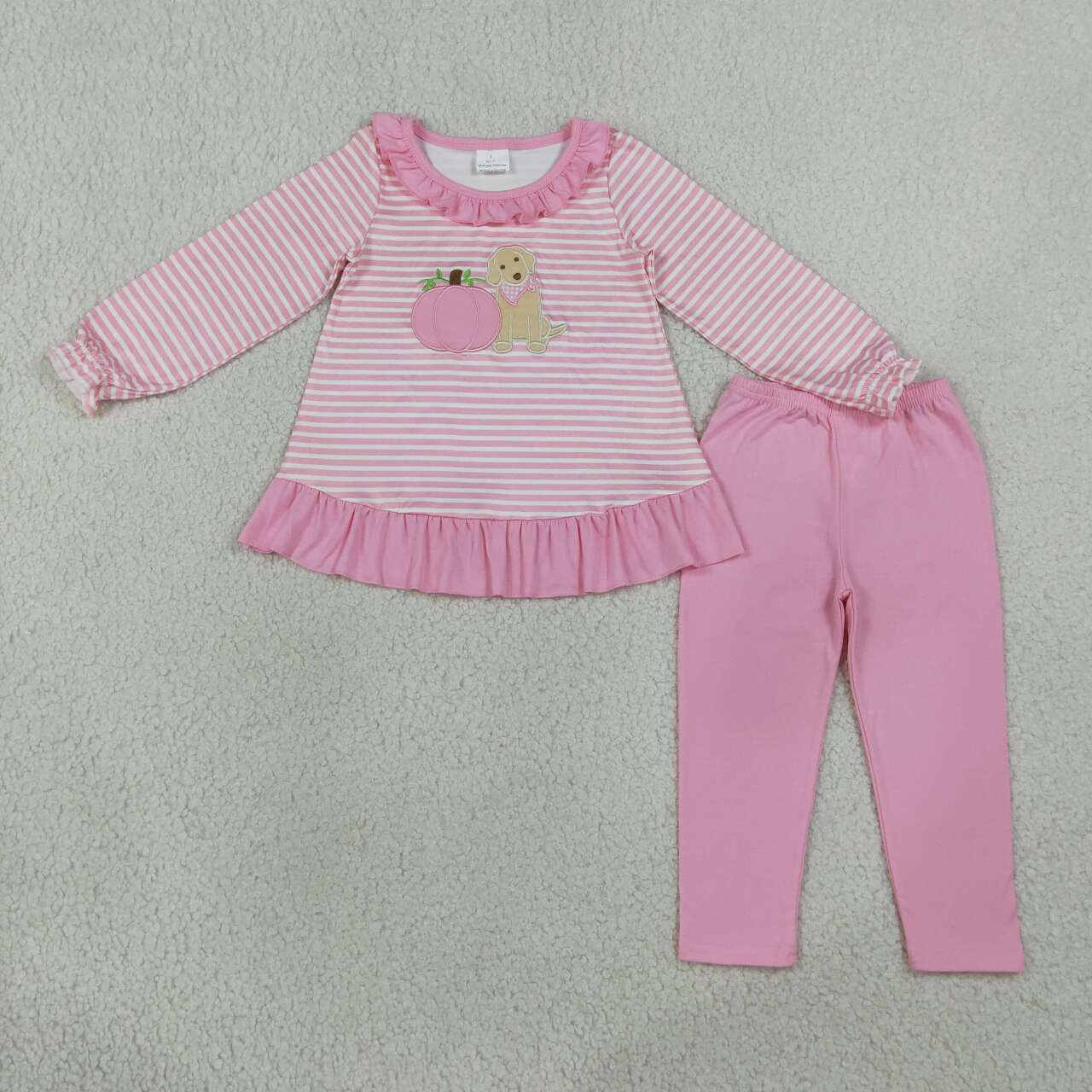 GLP3480 Pumpkin Dog Embroidery Stripes Ruffle Top Pink Legging Pants Girls Fall Clothes Set