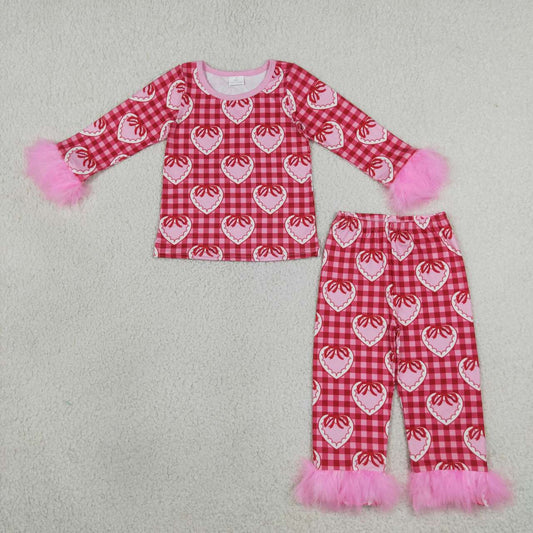 GLP3669 Hearts Pink Bows Checkered Print Girls Valentine's Day Fur Pajamas Clothes Set