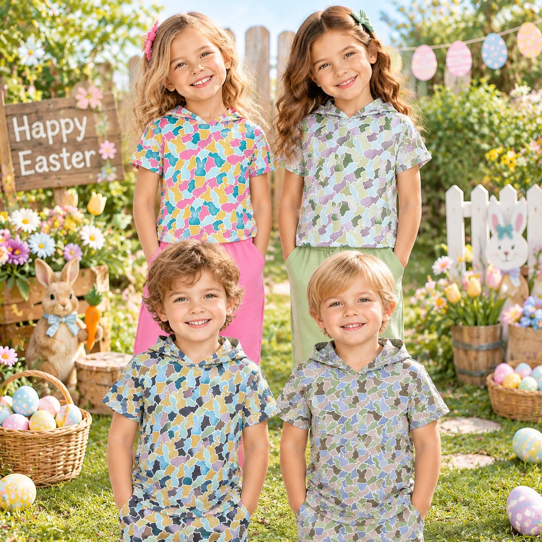 Sibling Toddler  Boys  Girls Easter Rabbit Camo Short Sleeve Hoodie Top