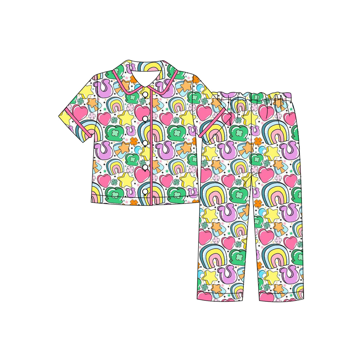(Custom Design Preorder MOQ 5 Each)Lucky Rainbow Print Girls St Patrick Day Buttons Pajamas Clothes Set Sisters Wear