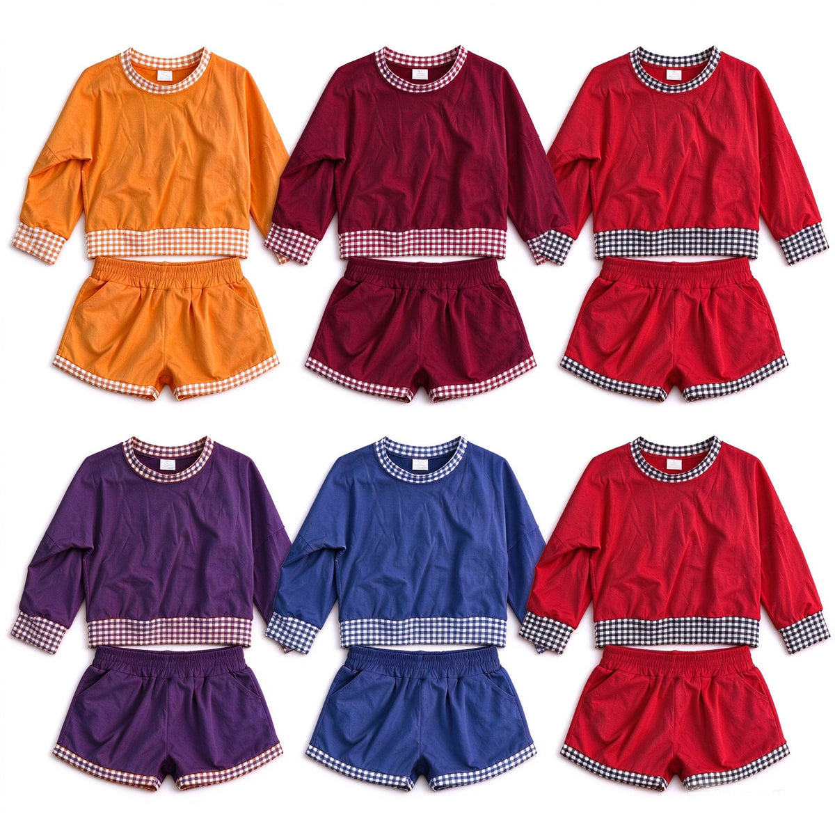 Preorder 5 MOQ each Kids Girls Long Sleeve Gingham Trim Top Shorts Outfit