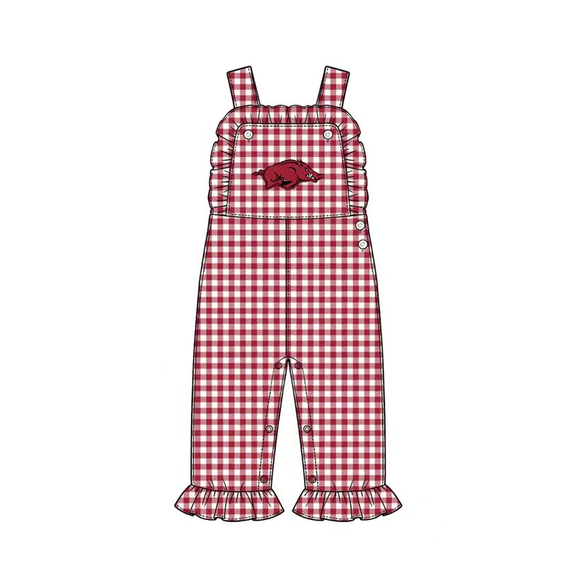 (Custom Design Preorder MOQ 5) Teams Logo Checkered Print Baby Girls Strap Jumpsuits Sisters Overall Styles