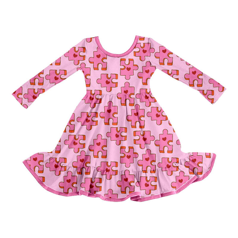(Custom Design Preorder MOQ 5)  Pink Puzzle Heart Print Girls Valentine's Day Dress