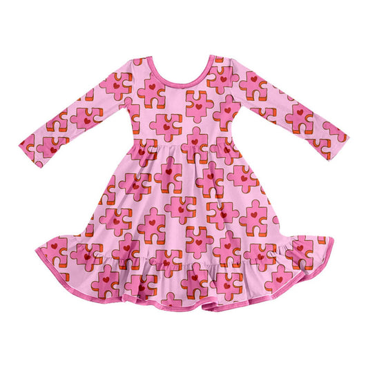 (Custom Design Preorder MOQ 5)  Pink Puzzle Heart Print Girls Valentine's Day Dress