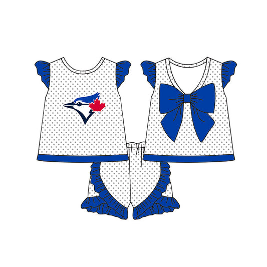 Preorder (moq 5)Baby Girls Totonto Blue Jays Polka Dots Back Bow Tunic Ruffle Shorts Team Clothes Sets