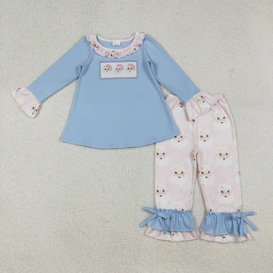 Sibling Embroidery Santa Baby Boys Girls Blue Shirts Top Pants Christmas Clothes Sets