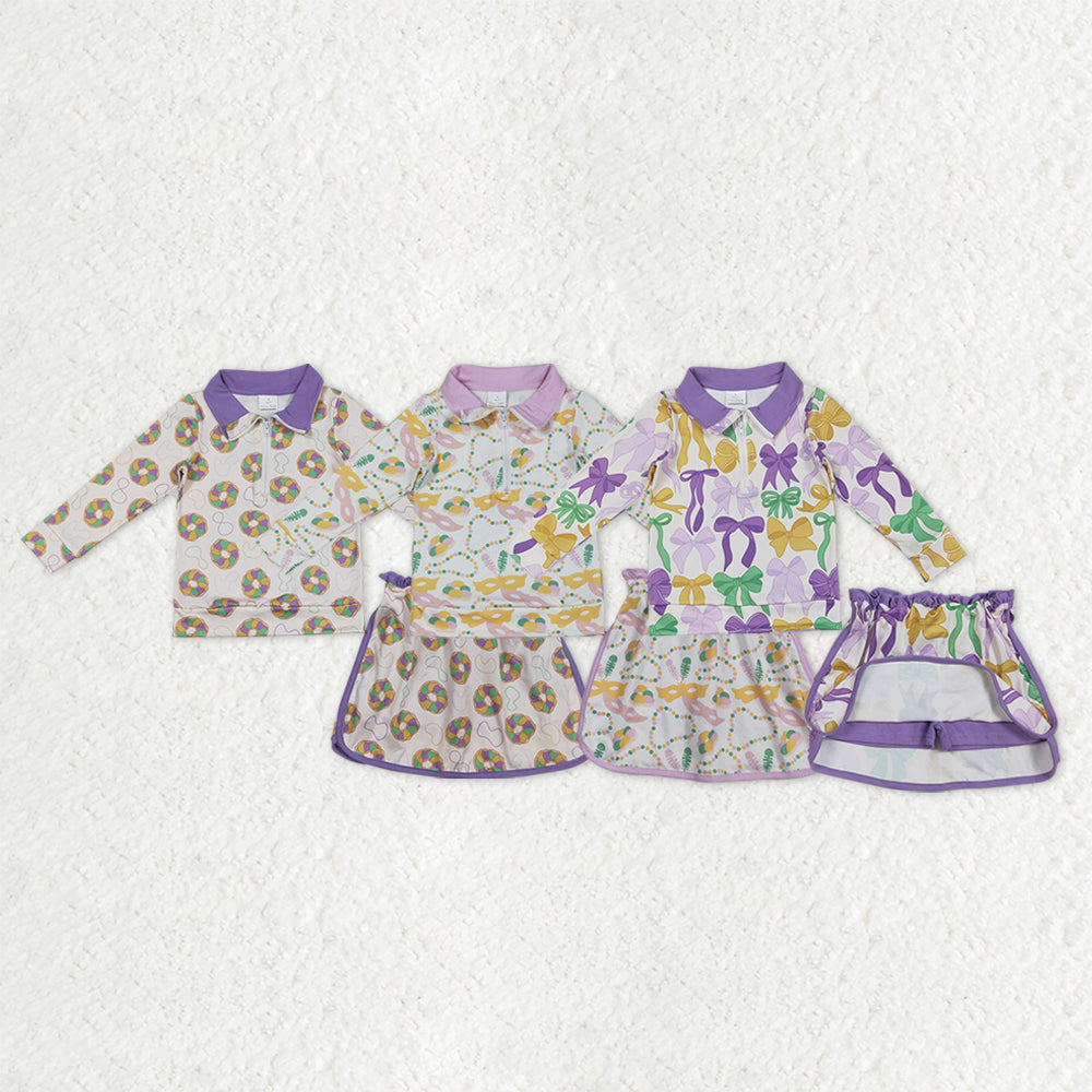 Sibling Baby Girls Mardigras Donuts Masks Bows Zip Pullovers Skirt Shorts Clothes Sets