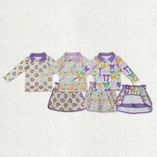 Sibling Baby Girls Mardigras Donuts Masks Bows Zip Pullovers Skirt Shorts Clothes Sets