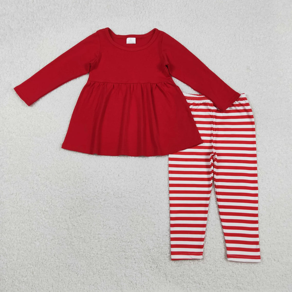 Baby Girls Red Cotton Long Sleeve Tunic Tip with Striped Leggings Set Outfit