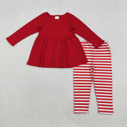 Baby Girls Red Cotton Long Sleeve Tunic Tip with Striped Leggings Set Outfit