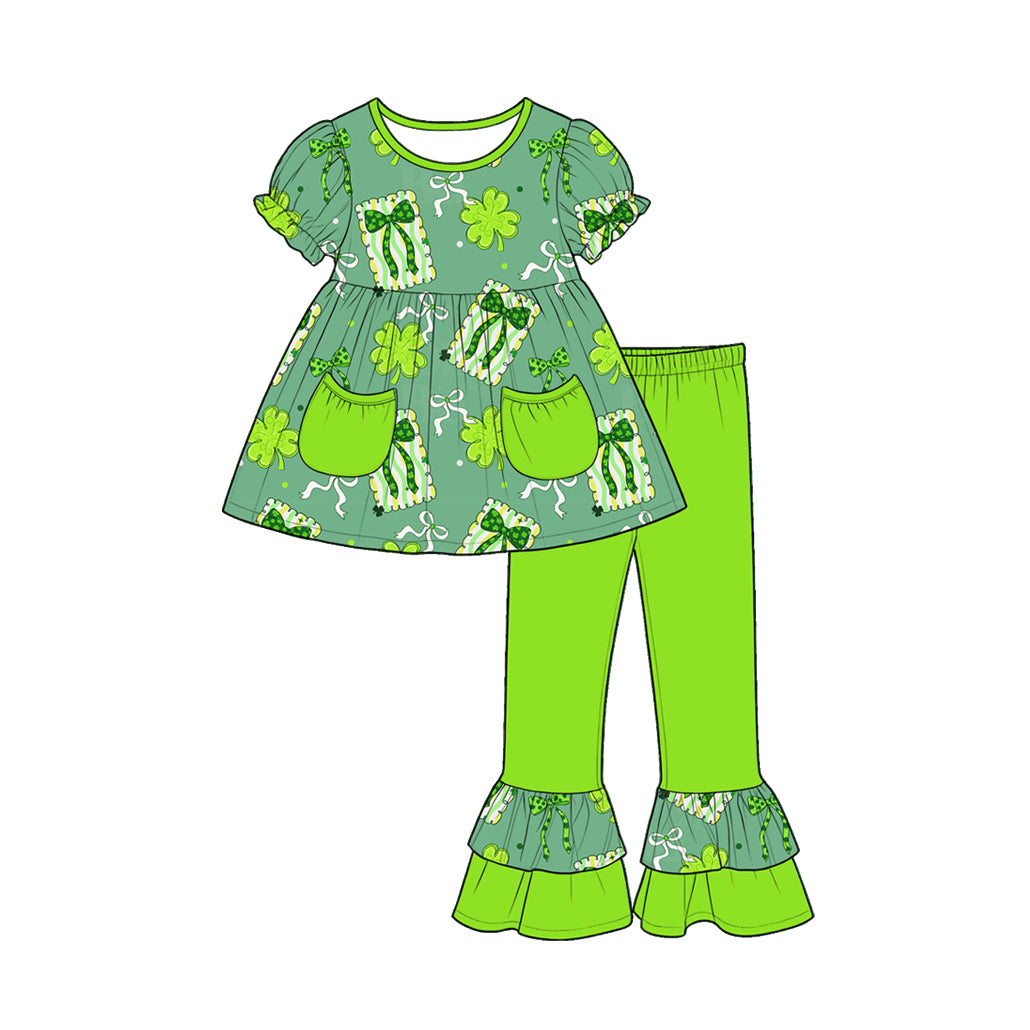 (Custom Design Preorder MOQ 5) 4 Leaf Clover Bows Pockets Tunic Top Ruffle Pants Girls St Patrick Day Clothes Set Sisters Wear